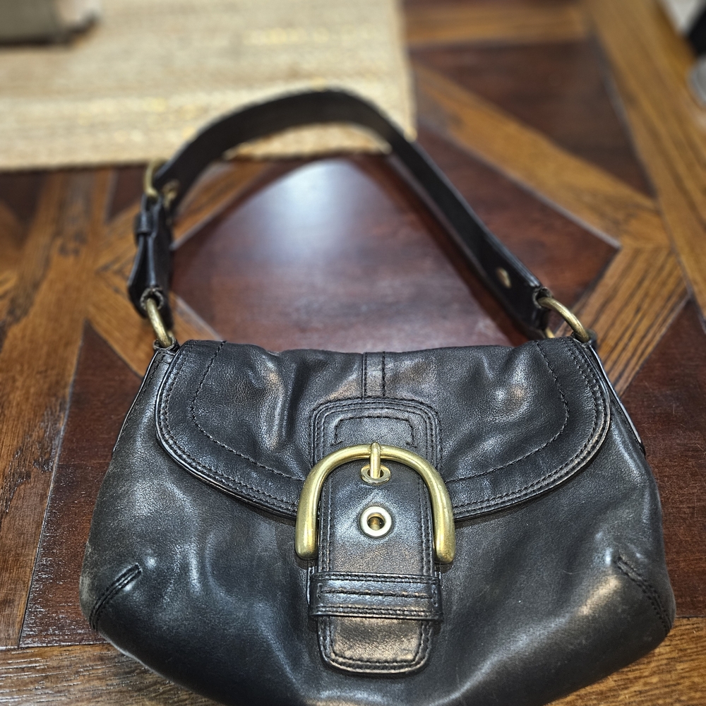 Coach Black Leather Shoulder Bag with Gold Accents